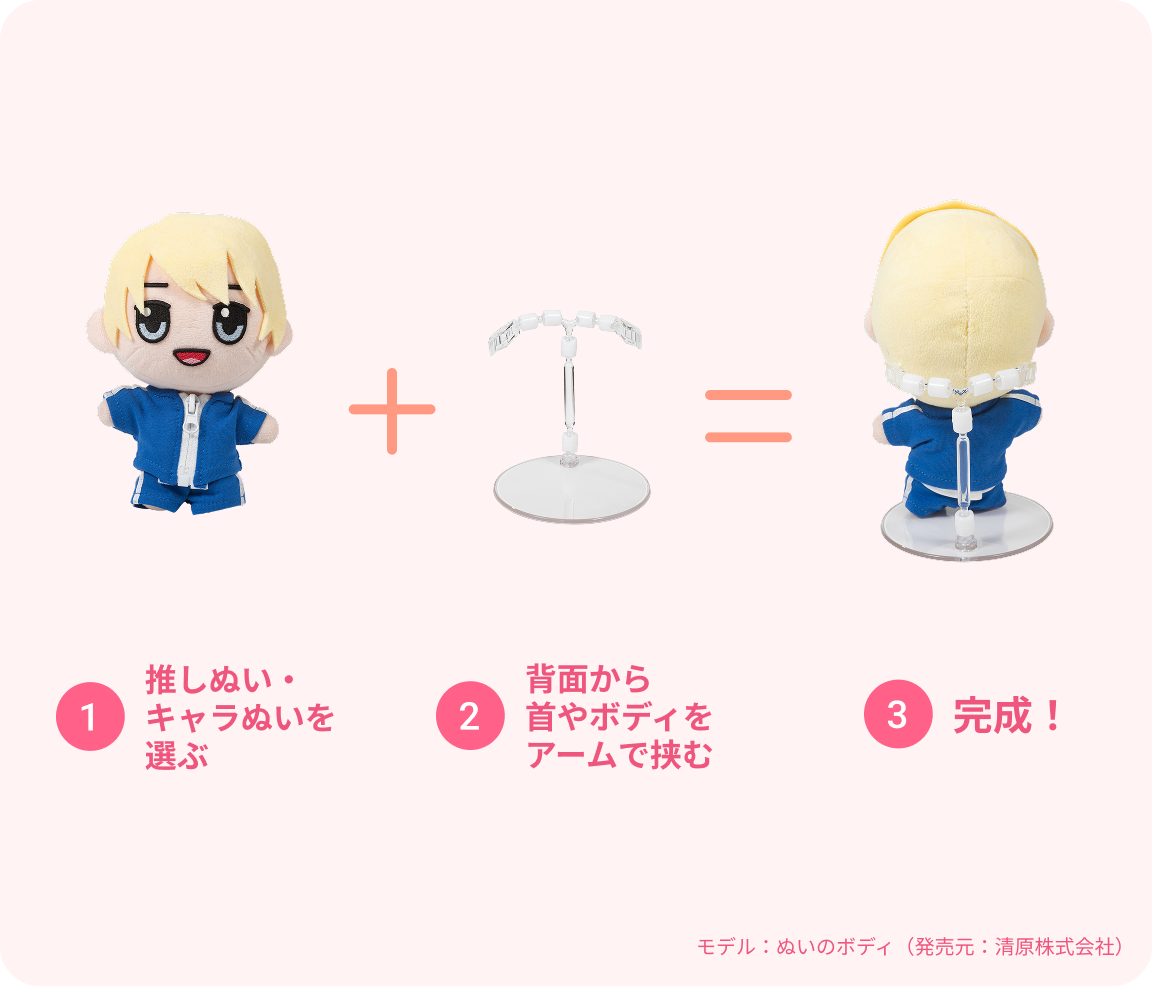 ①推しぬい・キャラぬいを選ぶ ②背面から首やボディをアームで挟む ③完成！